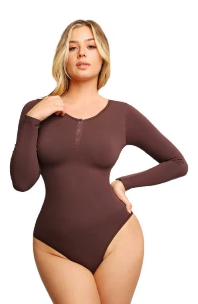 Popilush Modal Henley Neck Seamless Shapewear Bodysuit In Cocoa