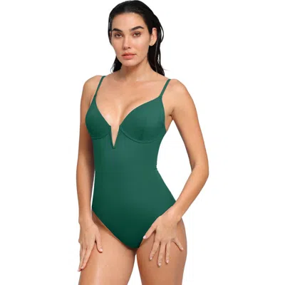 Popilush Plunging V Built-in Shapewear Low Back One-piece Swimsuit In Green