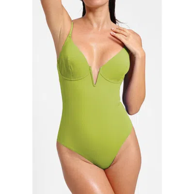 Popilush Plunging V Built-in Shapewear Low Back One-piece Swimsuit In Green