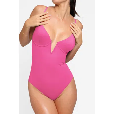 Popilush Plunging V Built-in Shapewear Low Back One-piece Swimsuit In Pink