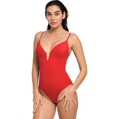 Popilush Plunging V Built-in Shapewear Low Back One-piece Swimsuit In Red