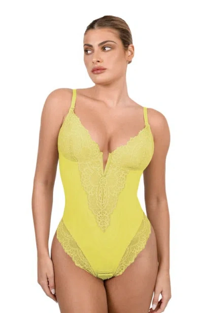 Popilush Plus Size Shapewear Lace Deep V-neck Sculpting Thong Bodysuit In Yellow