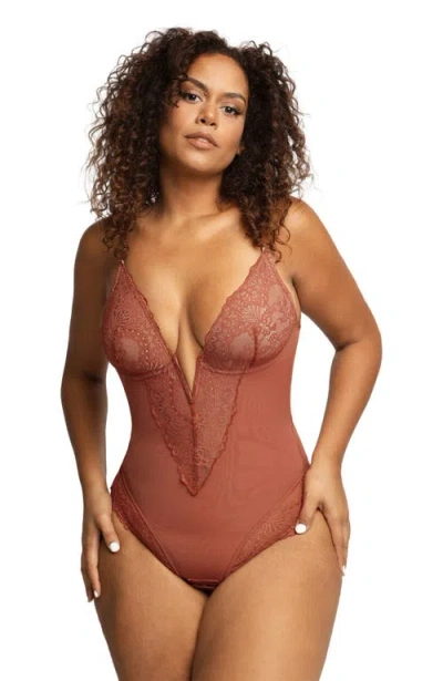 Popilush Plus Size Shapewear Lace Deep V-neck Sculpting Thong Bodysuit In Brown