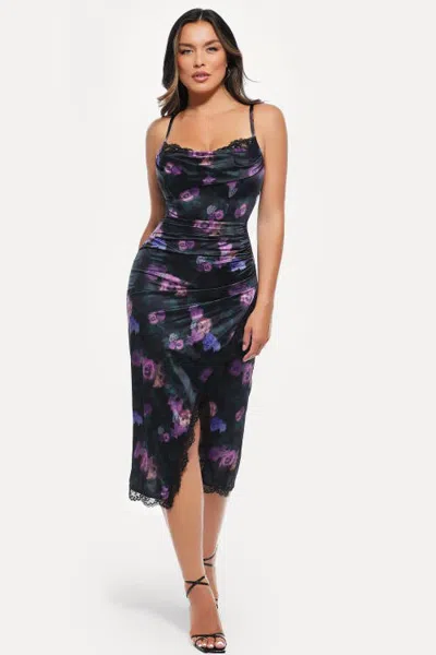 Popilush Lace Trim Sculpting Floral-print Midi Dress In Blue