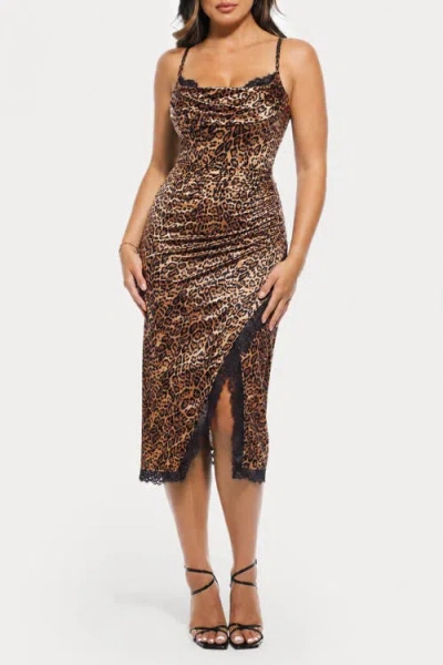 Popilush Resort-ready Lace Trim Sculpting Floral-print Midi Shaper Dress In Brown