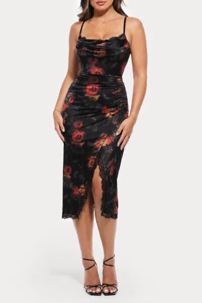 Popilush Resort-ready Lace Trim Sculpting Floral-print Midi Shaper Dress In Black