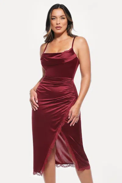 Popilush Lace Trim Sculpting Floral-print Midi Dress In Red