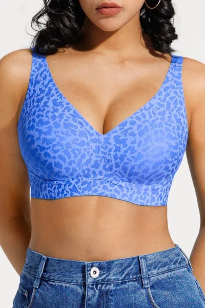 Popilush Seamless Wireless Jelly Leopard Contour Minimizer Support Bra In Blue