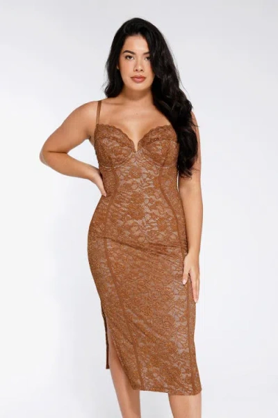 Popilush Shapewear All-lace Hourglass Corset Side Slit Midi Dress In Toffee