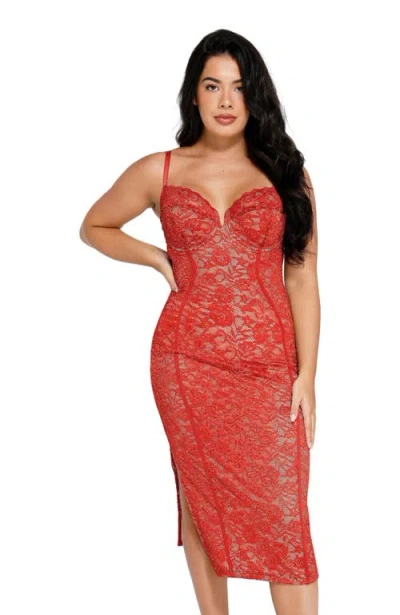 Popilush Shapewear All-lace Hourglass Corset Side Slit Midi Dress In Red