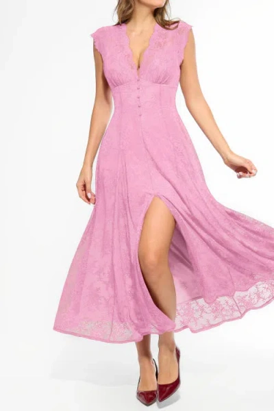 Popilush Shapewear Boho Floral Lace Front Slit Maxi Dress In Pink