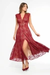 Popilush Shapewear Boho Floral Lace Front Slit Maxi Dress In Red