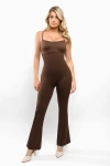 Popilush Shapewear Butt Lift Flare Leg Strappy Jumpsuit In Cherry Wood