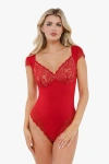 Popilush Shapewear Cap Sleeve Slimming Lace Cup Bodysuit In Cherry Red