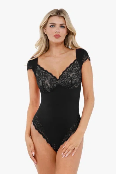 Popilush Shapewear Cap Sleeve Slimming Lace Cup Bodysuit In Midnight Black