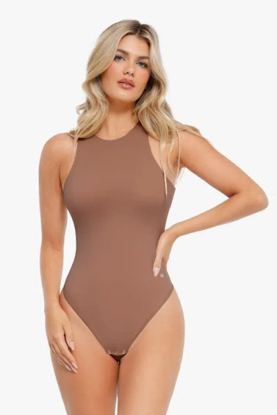 Popilush Shapewear Cloudsense Sleeveless Cutaway Round Neck Bodysuit In Camel