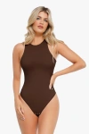 Popilush Shapewear Cloudsense Sleeveless Cutaway Round Neck Bodysuit In Deep Coffee