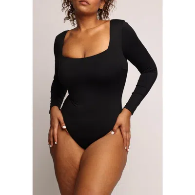 Popilush Shapewear Contour Long Sleeve Square Neck Bodysuit In Black
