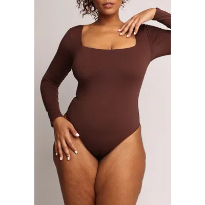 Popilush Shapewear Contour Long Sleeve Square Neck Bodysuit In Brown