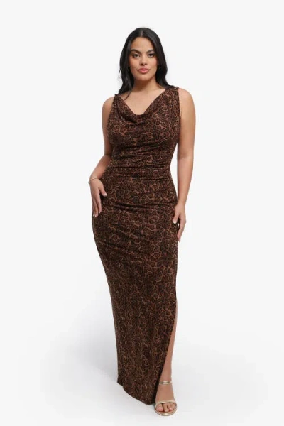 Popilush Shapewear Cowl Neck Leopard Ruched Sculpting Maxi Dress In Leopard Brown
