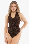 Popilush Shapewear Cowl Neck Leopard Tummy Control Halter Bodysuit In Leopard Brown