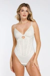Popilush Shapewear Cutout Corset Hourglass Sculpting Lace Bodysuit In Pearl White