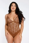 Popilush Shapewear Cutout Corset Hourglass Sculpting Lace Bodysuit In Sepia Brown