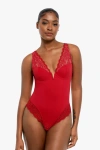 Popilush Shapewear Deep V-neck Sculpting Lace Inset Bodysuit In Chili Red
