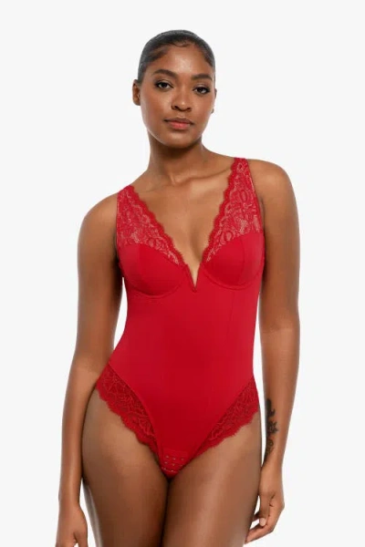 Popilush Shapewear Deep V-neck Sculpting Lace Inset Bodysuit In Chili Red