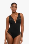 Popilush Shapewear Deep V-neck Sculpting Lace Inset Bodysuit In Midnight Black