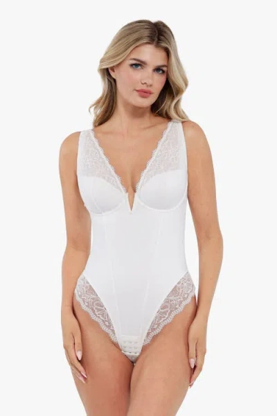 Popilush Shapewear Deep V-neck Sculpting Lace Inset Bodysuit In Pearl White