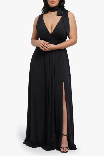 Popilush Shapewear Deep V-neck Front Slit Goddess Maxi Dress In Black