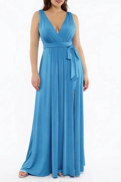 Popilush Shapewear Deep V-neck Front Slit Goddess Maxi Dress In Blue
