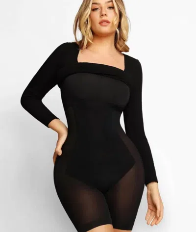 Popilush Shapewear Dress Long Sleeve Midi Dress In Black