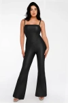 Popilush Shapewear Faux Leather Corset Bodice Slimming Jumpsuit In Midnight Black
