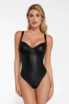 Popilush Shapewear Faux Leather Hourglass Corset Bodysuit In Standard Black