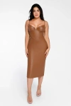 Popilush Shapewear Faux Leather Hourglass Corset Midi Dress In Caramel Brown