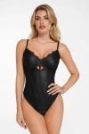 Popilush Shapewear Faux Leather Hourglass Cutout Corset Bodysuit In Midnight Black