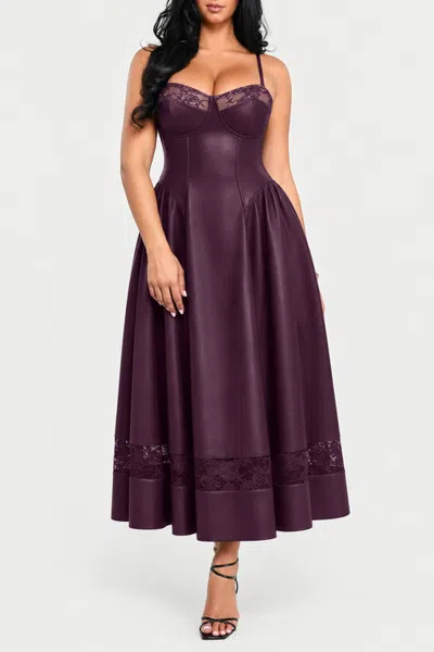 Popilush Shapewear Faux Leather Lace Panel Corset A-line Midi Dress In Purple
