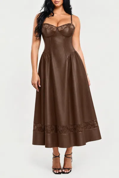 Popilush Shapewear Faux Leather Lace Panel Corset A-line Midi Dress In Multi