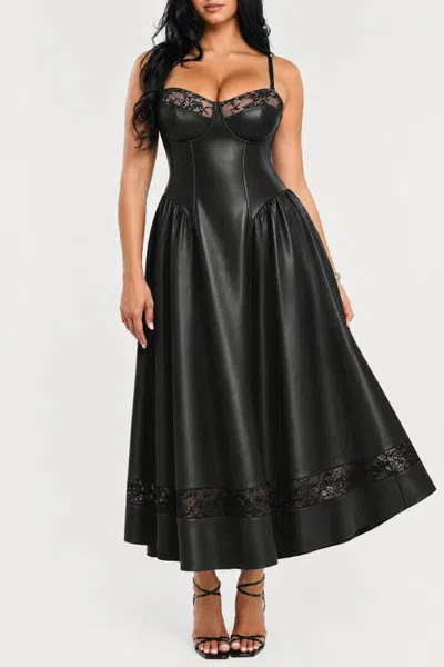 Popilush Shapewear Faux Leather Lace Panel Corset A-line Midi Dress In Black