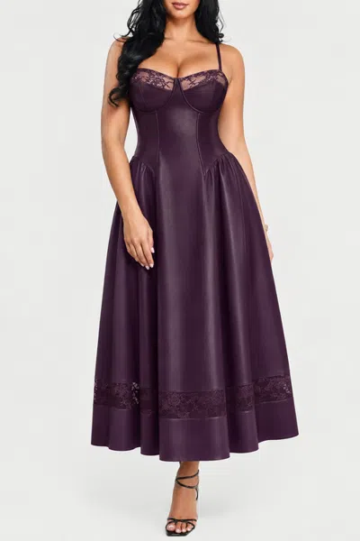 Popilush Shapewear Faux Leather Lace Panel Corset A-line Midi Dress In Purple