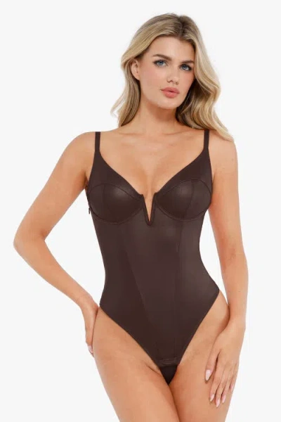 Popilush Shapewear Faux Leather Plunging V Sculpting Corset Bodysuit In Cocoa