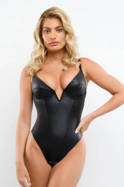 Popilush Shapewear Faux Leather Plunging V Sculpting Corset Bodysuit In Midnight Black