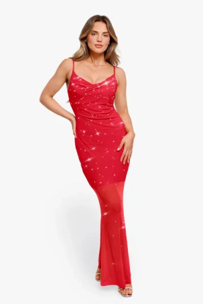 Popilush Shapewear Heat-set Crystal Mesh Slimming Maxi Slip Dress In Bright Red
