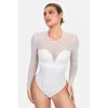 Popilush Shapewear Illusion Mesh Long Sleeve Tummy Control Bodysuit In Ivory