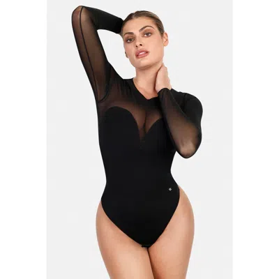 Popilush Shapewear Illusion Mesh Long Sleeve Tummy Control Bodysuit In Jet Black
