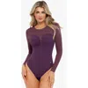 Popilush Shapewear Illusion Mesh Long Sleeve Tummy Control Bodysuit In Plum