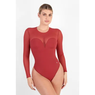 Popilush Shapewear Illusion Mesh Long Sleeve Tummy Control Bodysuit In Poppy Red