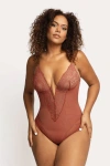 Popilush Shapewear Lace Deep V-neck Sculpting Thong Bodysuit In Chocolate